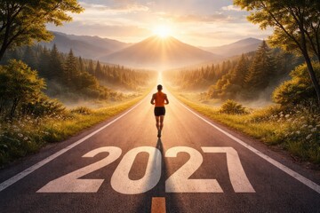 Runner on an open mountain road at sunrise with large 2027 markings, symbolizing new year goals, fitness motivation, and forward progress