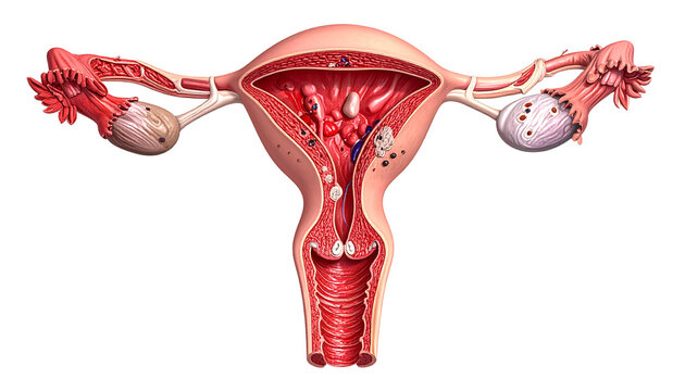 Detailed anatomical illustration of the female reproductive system showing uterus, fallopian tubes, ovaries, and multiple uterine fibroids.