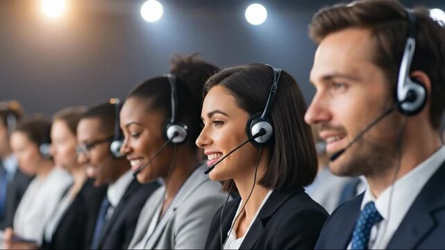 Diverse customer support team engaged in professional communication at call center office