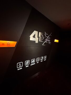 Johor,Malaysia-02 Jan 2026 : 4DX cinema signage highlighting immersive movie technology that synchronizes motion seats and environmental effects such as wind, water, lighting, fog, vibration.