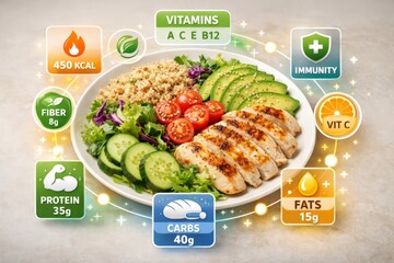 Balanced healthy meal bowl with grilled chicken, quinoa, sliced avocado, cucumbers, tomatoes, and nutrition icons highlighting macros, vitamins, immunity