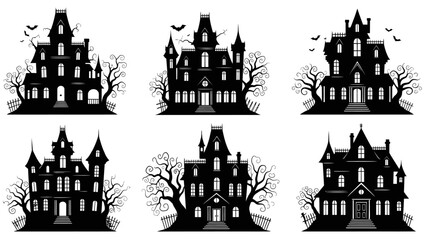 Spooky Halloween Haunted Houses with Creepy Trees and Flying Bats Illustration