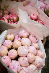 Stalls with flowers and bouquets at local street market
