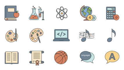educational icons related to science arts and learning tools in a colorful flat design