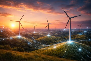 Wind turbines on rolling hills at vibrant sunset with glowing digital network lines, illustrating renewable energy generation and smart grid connectivity