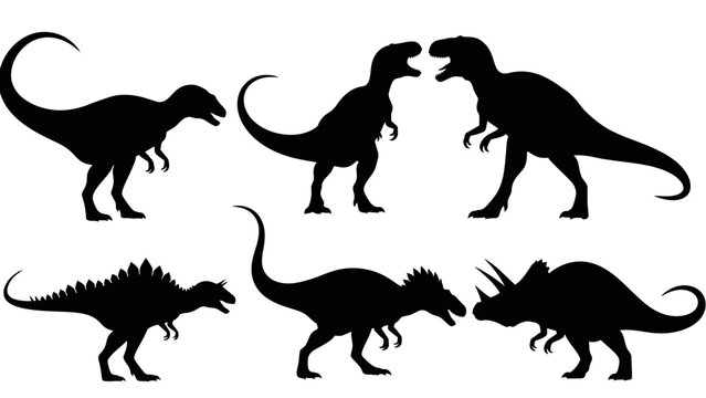 Six black silhouettes of various prehistoric dinosaurs including a T-Rex, Stegosaurus, and Triceratops, isolated on a white background.