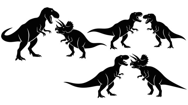 Black silhouettes of various dinosaurs, including T-Rex and Triceratops, depicted in pairs on a white background.