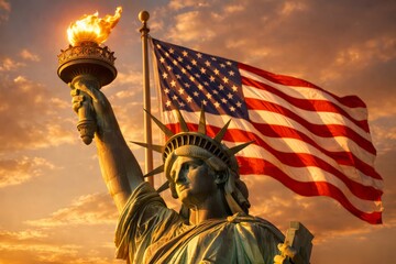 Iconic liberty statue holding flaming torch with waving American flag in the background at golden sunset under dramatic clouds