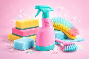 Colorful household cleaning supplies with spray bottle, sponges, scrub brushes and soap bars arranged on a pastel background with bubbles
