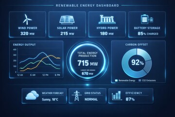 Futuristic renewable energy dashboard interface showing wind, solar, hydro output metrics, battery storage charge, carbon offset gauge, and efficiency charts