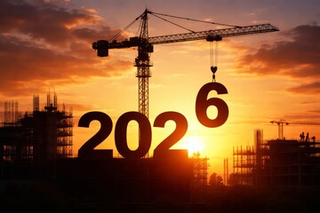 Silhouette construction cranes and unfinished buildings lifting a large 2026 number at sunset, symbolizing future development and growth