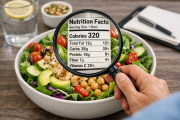 Hand holding magnifying glass over healthy salad bowl highlighting nutrition facts label with calories, fat, carbs, protein and vitamins for diet planning