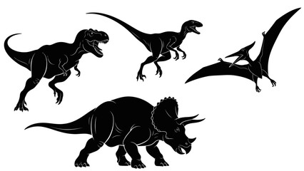 Detailed black silhouettes of four prehistoric creatures: Tyrannosaurus Rex, Velociraptor, Triceratops, and Pterodactyl, representing ancient life forms. © Tutorialxxx18