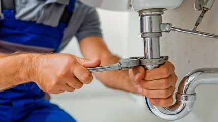 A man in a blue apron is tightening a silver pipe with a wrench