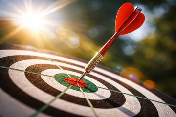 Red dart hitting the bullseye on a target board outdoors with bright sunlight and lens flare, symbolizing accuracy, focus, success, and goal achievement