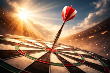 Dart embedded in the bullseye of a dartboard, symbolizing precision, focus, and achieving goals with dramatic sunlight and stadium backdrop