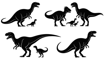 Black silhouettes of various dinosaur species, including adult and baby prehistoric creatures, set against a white background. © Tutorialxxx18