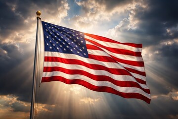 American flag waving on a tall flagpole against dramatic cloudy sky with sun rays, patriotic symbol of freedom, unity, and national pride