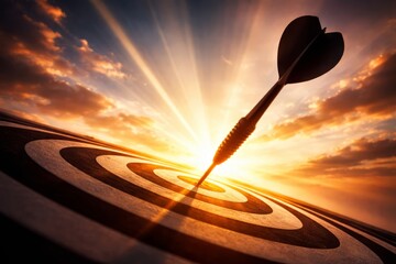 Dart embedded in the center of a target bullseye with dramatic sun rays and warm clouds, symbolizing accuracy, achievement, focus, and success