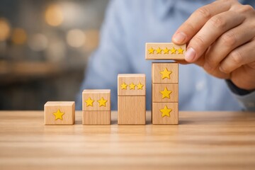 Hand stacking wooden blocks with star ratings to build a customer satisfaction score, showing service quality improvement and performance evaluation