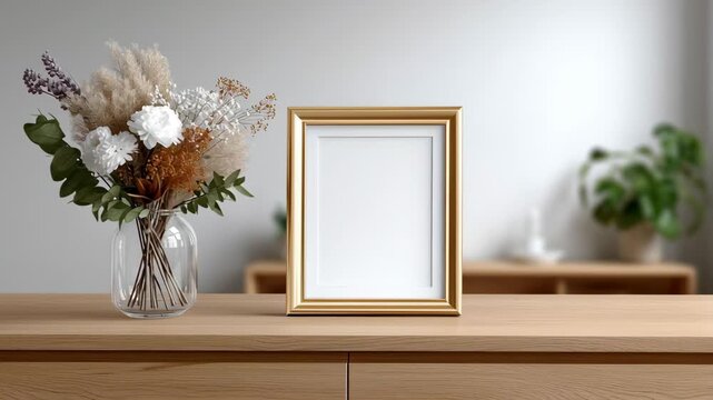 Elegant flower arrangement beside an empty picture frame on wooden table showcasing a modern interior design with soft lighting and minimalistic decor enhancing visual appeal and aesthetic charm