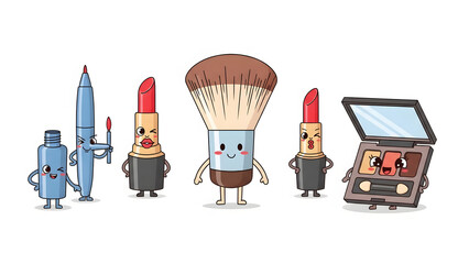 Cartoon makeup collection vector illustration of cosmetic products with faces