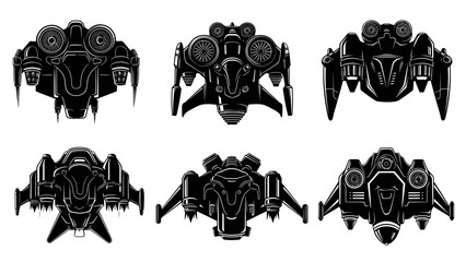 Collection of futuristic black spaceship illustrations in various aerodynamic designs © @_ greta