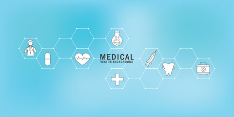 Abstract medical background with flat icons and symbols. Concepts and ideas for healthcare technology, innovation medicine, health, science and research