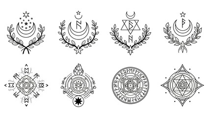 Set of mystical and esoteric symbols featuring celestial motifs and geometric designs for