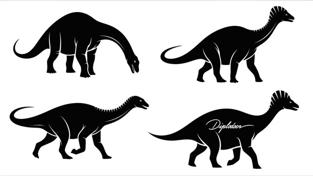 Four black silhouette illustrations of various prehistoric dinosaurs, including a sauropod and crested ornithopods, on a white background.