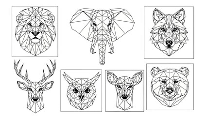 Stylized geometric line art illustrations of various animals including lion elephant wolf deer owl © @_ greta