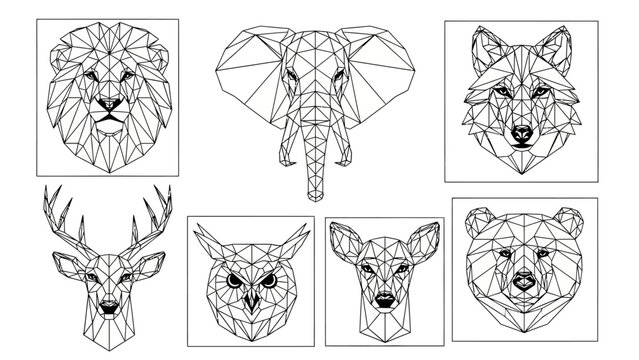 Stylized geometric line art illustrations of various animals including lion elephant wolf deer owl