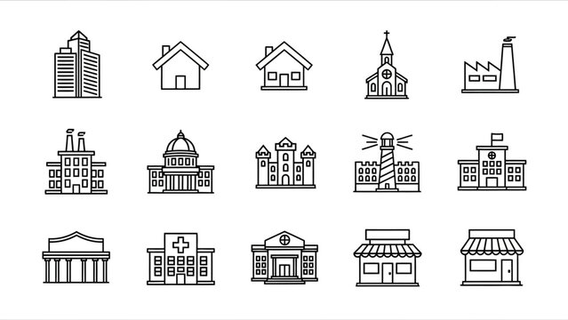 Collection of 15 diverse architectural building icons in minimalist outline style for design