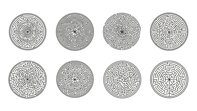 Maze patterns variety collection with intricate circular labyrinth designs for puzzles and