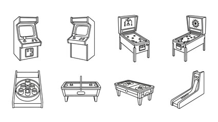 Collection of classic arcade game machines and pinball machines illustration