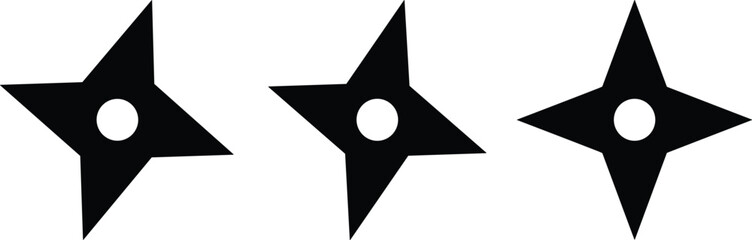 Shuriken ninja star icon set with center hole, throwing weapon silhouette symbols isolated on white background
