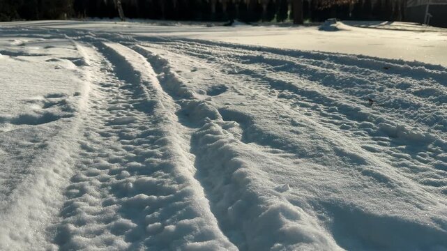 Car tire tracks in the snow.
Car tire tread marks