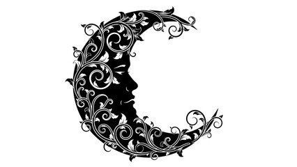 Elegant Artistic Silhouette of a Woman's Profile Embedded within a Decorative Crescent Moon Design