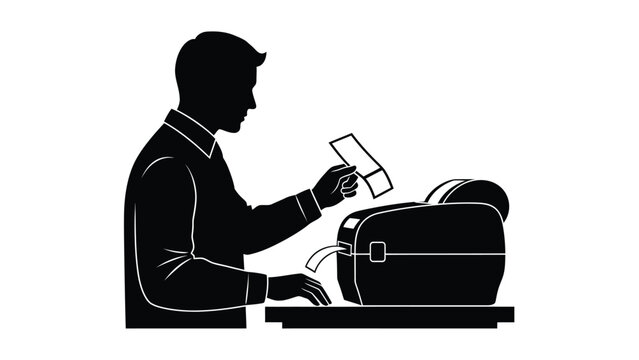 Silhouette of businessman inserting document into a modern office paper shredder machine for disposal