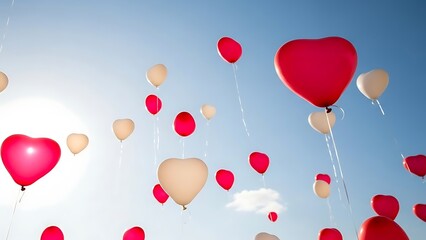 Heart shaped balloons flying high in clear blue sky