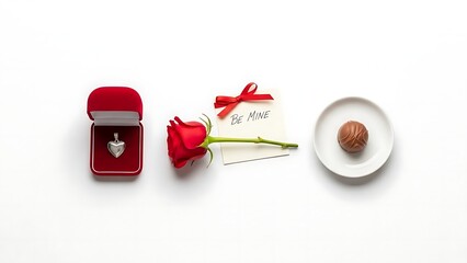 Romantic Valentine's Day setup with heart shaped necklace and chocolate