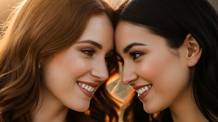 Two smiling women with heads close together showing friendship and affection