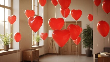 Romantic heart shaped balloons floating in cozy home interior