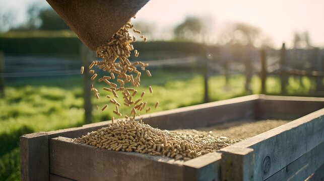 Sustainable farm feeding organic pellets bathed in gentle sunlight a peaceful rural scene