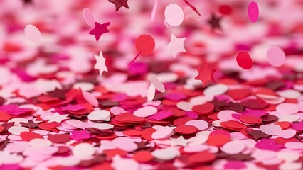Vibrant pink and red confetti falling in festive celebration