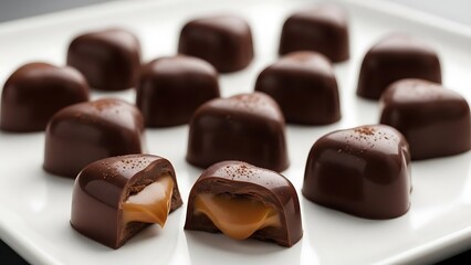 Delicious chocolate caramels on a white plate, tempting and sweet