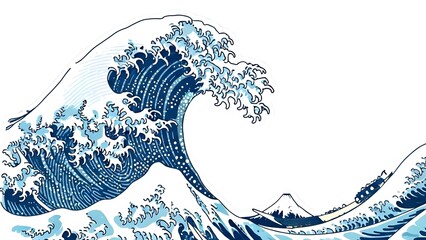 A massive ocean wave crashes against the shore with a majestic mountain in the background