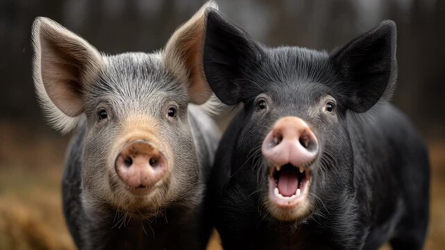 Two playful pigs displaying expressions of curiosity and excitement, showcasing their unique features and vibrant personalities in a natural outdoor setting with soft grass and blurred background