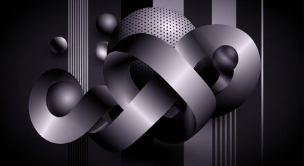 Abstract 3d metallic ribbon sculpture with vertical lines