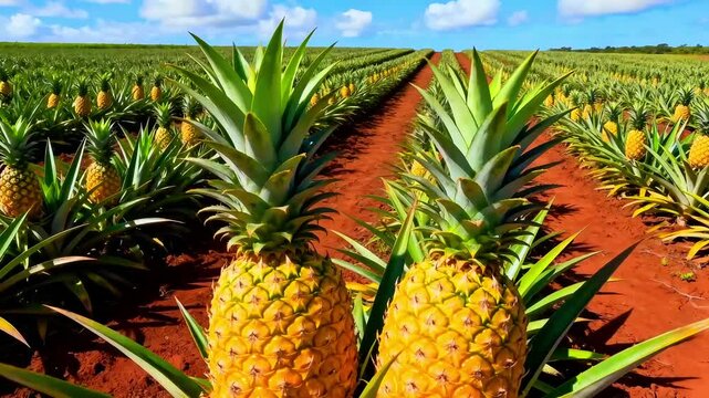 Two vibrant, ripe pineapples stand prominently in the foreground rows of an expansive tropical fruit farm under a bright sunny sky.